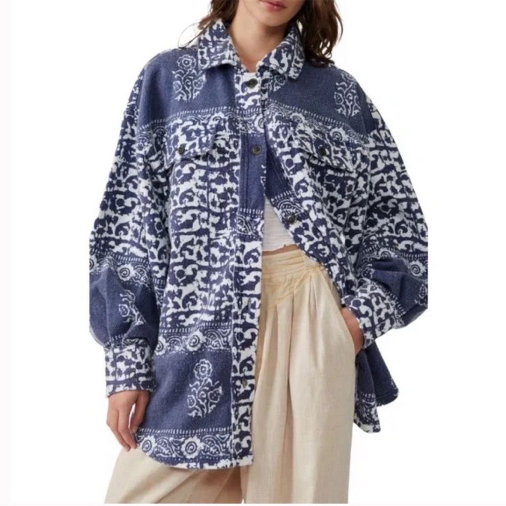 Free People Ruby Jacket Navy Combo size S NWT Oversized Soft Blue White Print